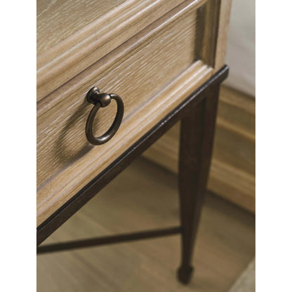 Milano Night Table by Barclay Butera in tan. Made from white oak, metal in a unique style.