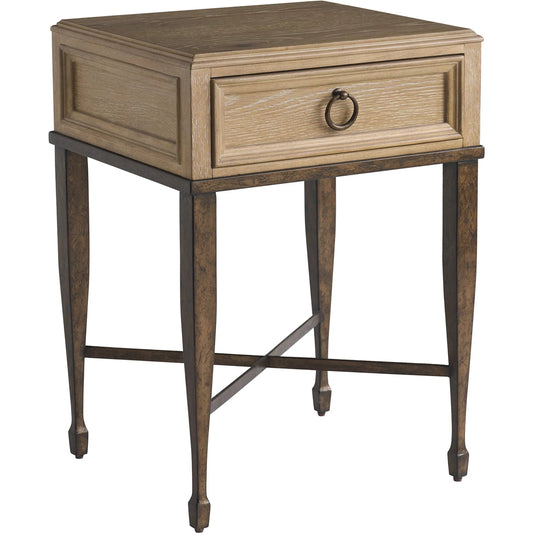 Milano Night Table by Barclay Butera in tan. Made from white oak, metal in a unique style.