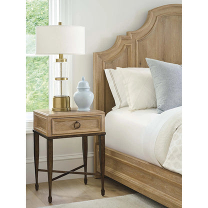 Milano Night Table by Barclay Butera in tan. Made from white oak, metal in a unique style.