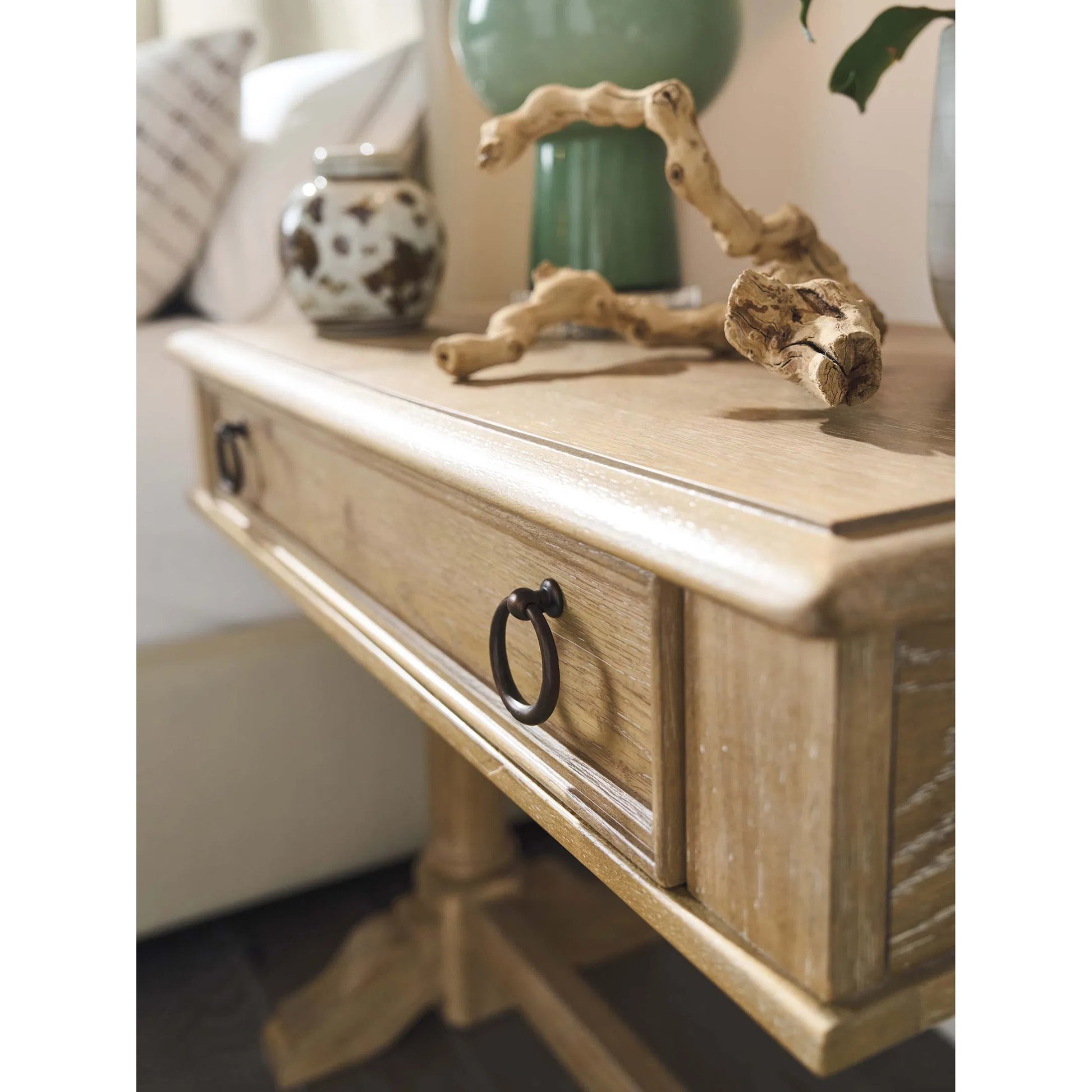 Filmore Open Nightstand by Barclay Butera in tan. Made from white oak in a unique style.