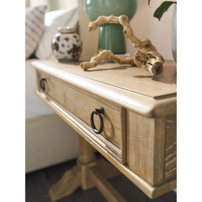 Filmore Open Nightstand by Barclay Butera in tan. Made from white oak in a unique style.
