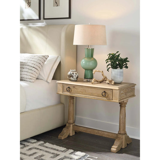 Filmore Open Nightstand by Barclay Butera in tan. Made from white oak in a unique style.