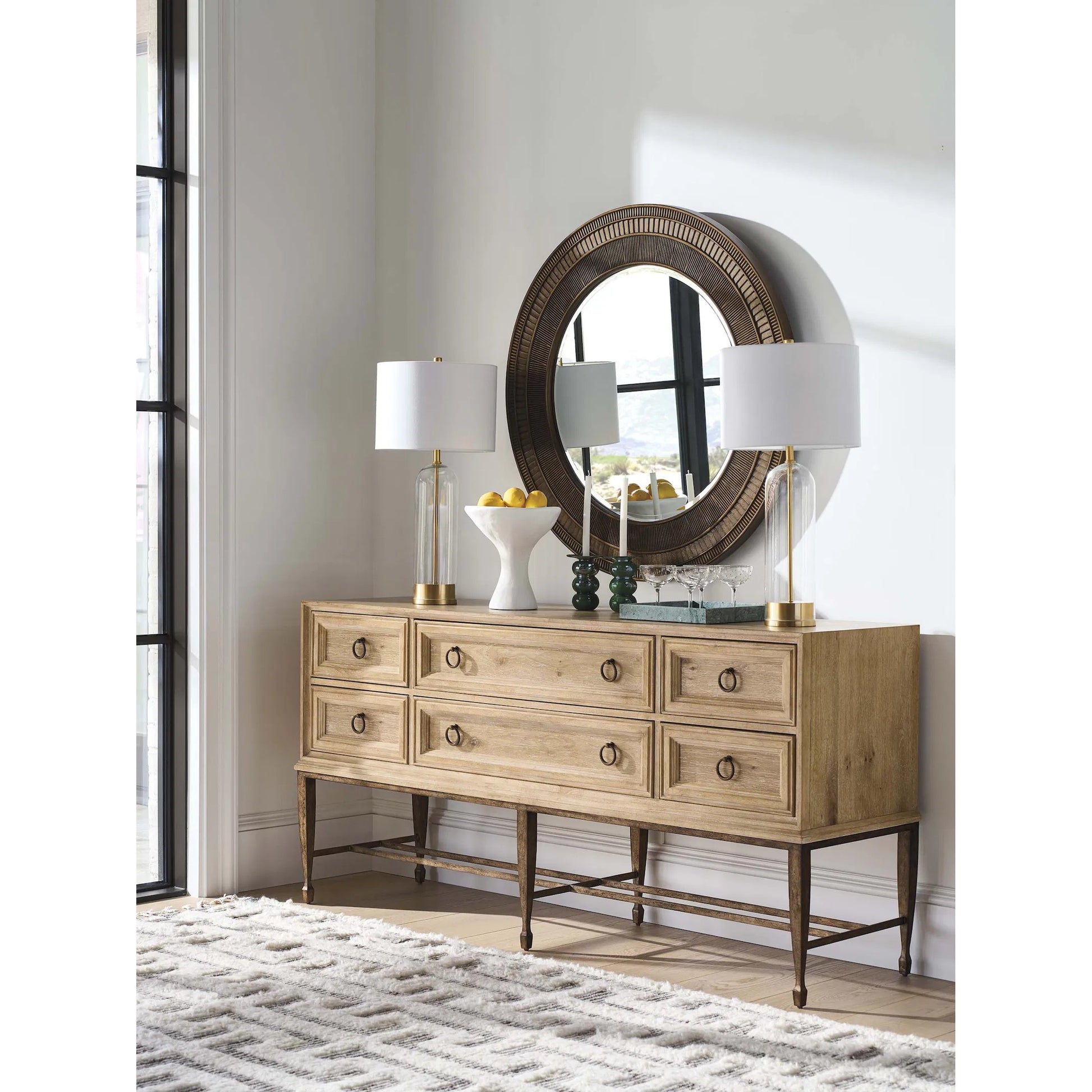 Birnam Wood Sideboard by Barclay Butera in tan. Made from white oak, metal in a unique style.