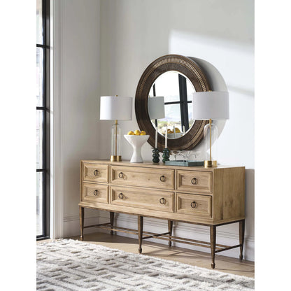 Birnam Wood Sideboard by Barclay Butera in tan. Made from white oak, metal in a unique style.