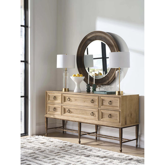 Birnam Wood Sideboard by Barclay Butera in tan. Made from white oak, metal in a unique style.