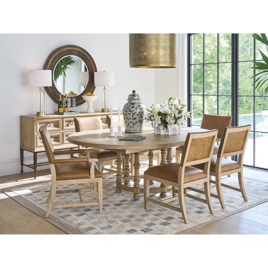 Colburn Leather Upholstered Side Chair by Barclay Butera in tan. Made from white oak, leather in a unique style.