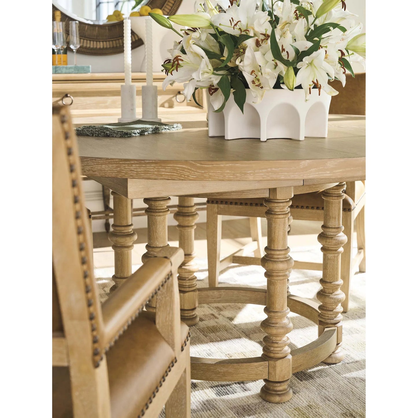 002 SI-2540464 | Closeup | Ennisbrook Round Dining Table by Barclay Butera in tan. Made from white oak in a unique style.
