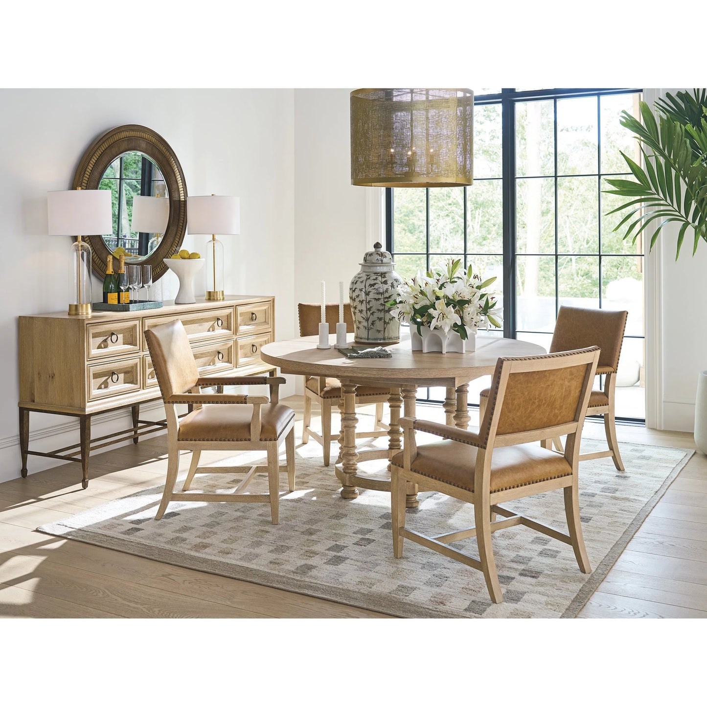003 SI-2540469 | Lifestyle | Colburn Leather Upholstered Arm Chair by Barclay Butera in tan. Made from white oak, leather in a unique style.