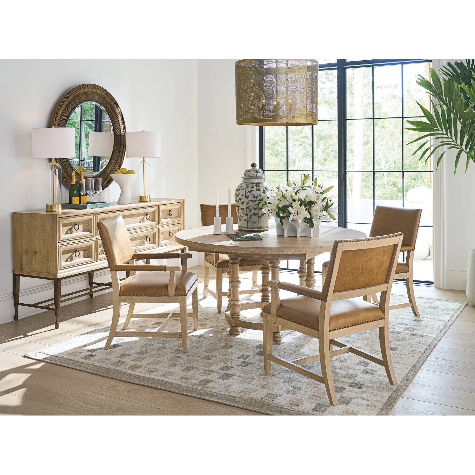 Colburn Leather Upholstered Arm Chair by Barclay Butera in tan. Made from white oak, leather in a unique style.