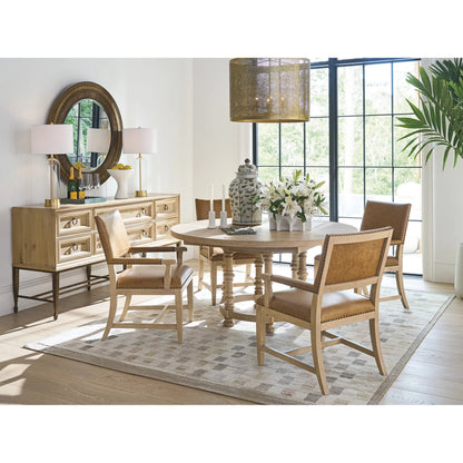 Colburn Leather Upholstered Arm Chair by Barclay Butera in tan. Made from white oak, leather in a unique style.