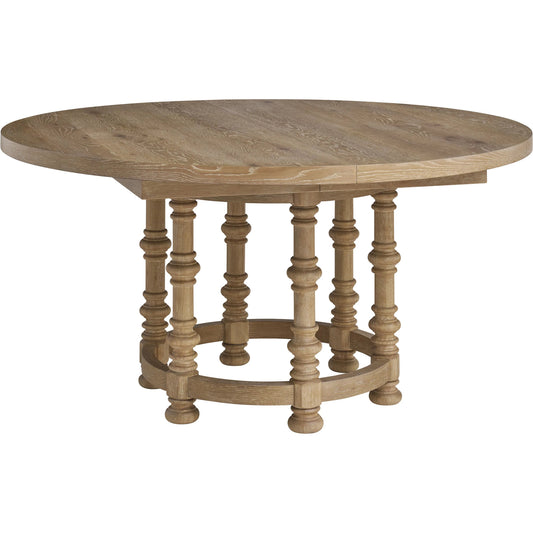 Ennisbrook Round Dining Table by Barclay Butera in tan. Made from white oak in a unique style.