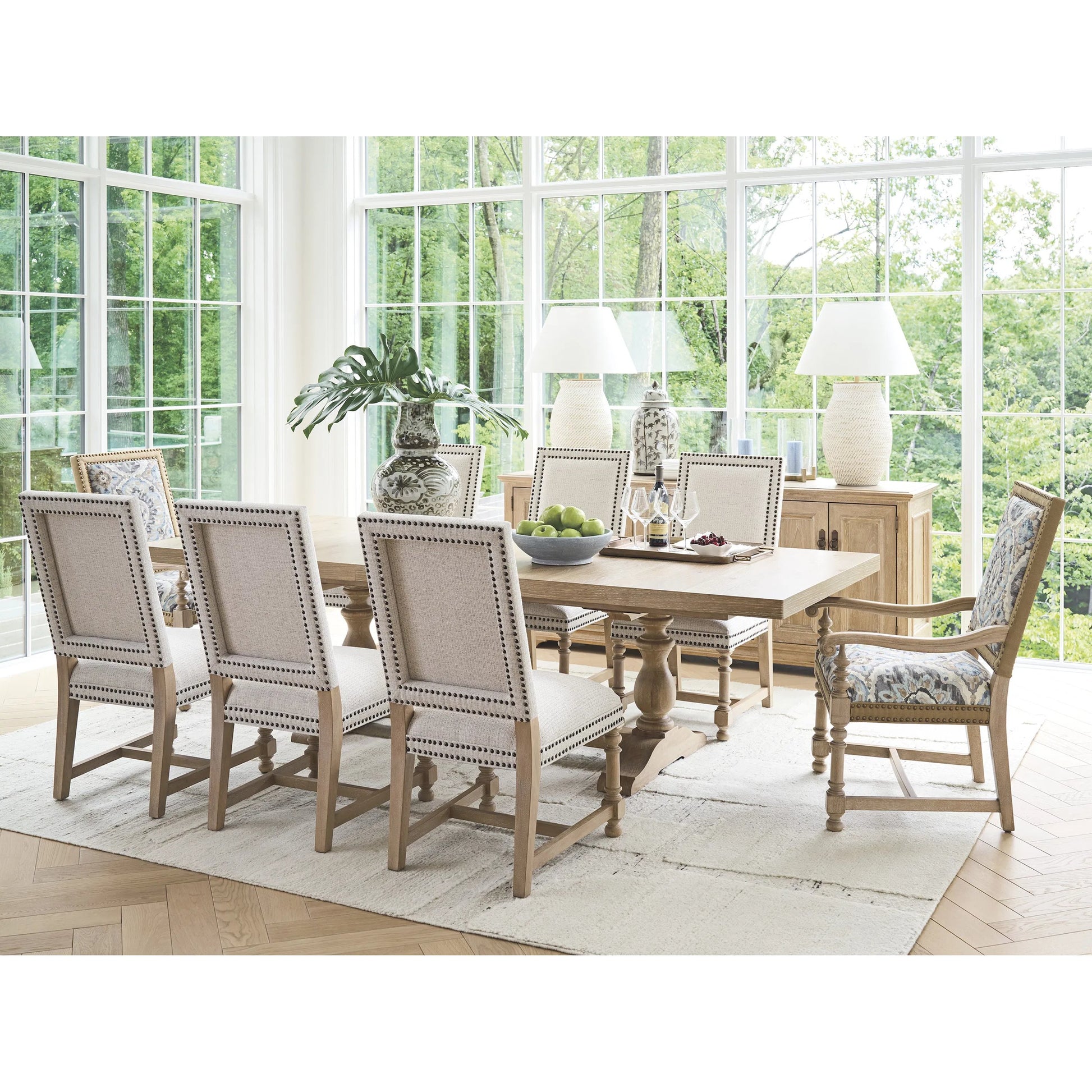 La Mirada Rectangular Dining Table by Barclay Butera in tan. Made from white oak in a unique style.