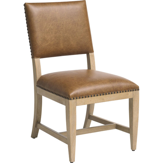 Colburn Leather Upholstered Side Chair by Barclay Butera in tan. Made from white oak, leather in a unique style.