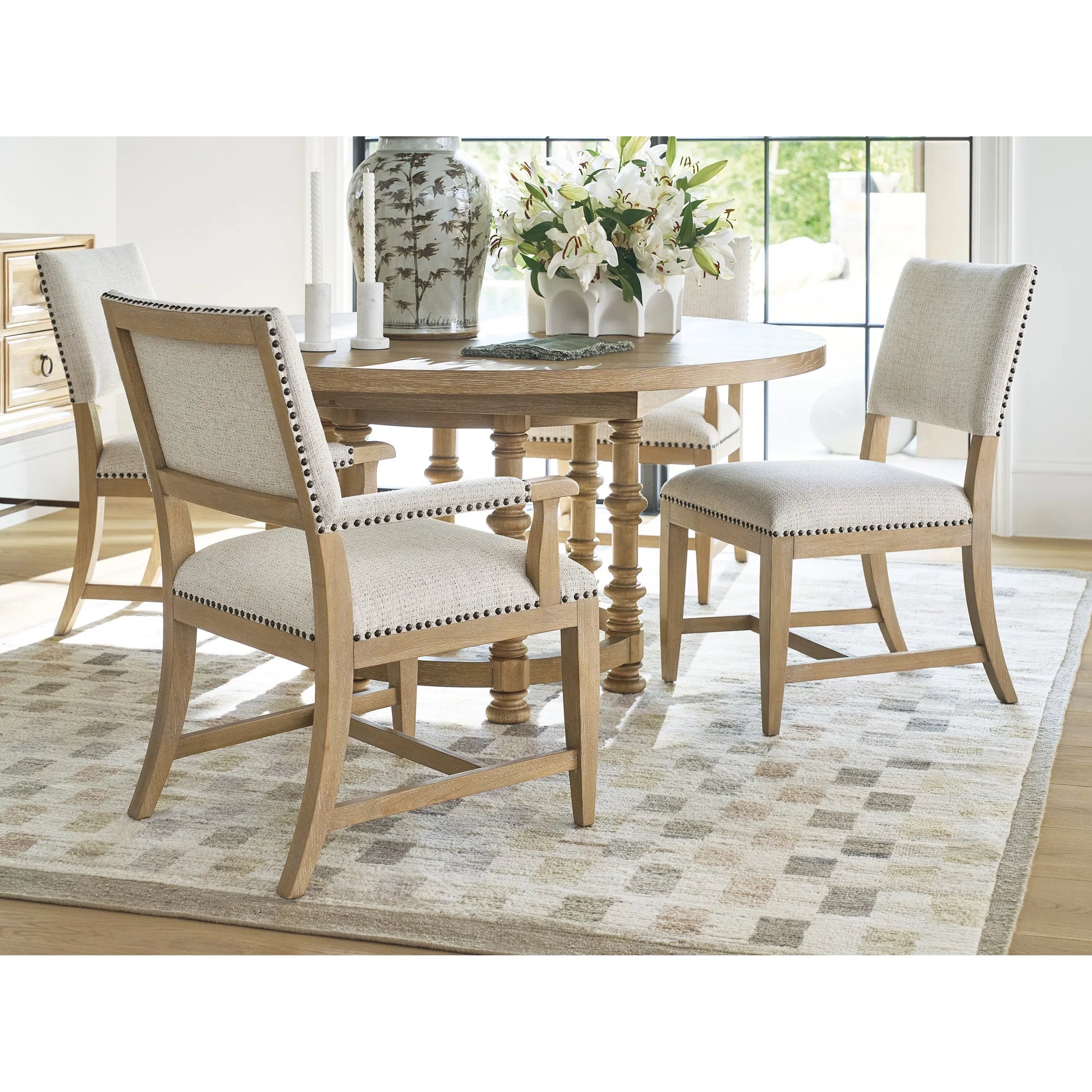 Colburn Upholstered Side Chair by Barclay Butera in tan. Made from white oak, fabric in a unique style.