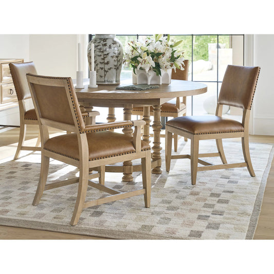 Colburn Leather Upholstered Arm Chair by Barclay Butera in tan. Made from white oak, leather in a unique style.