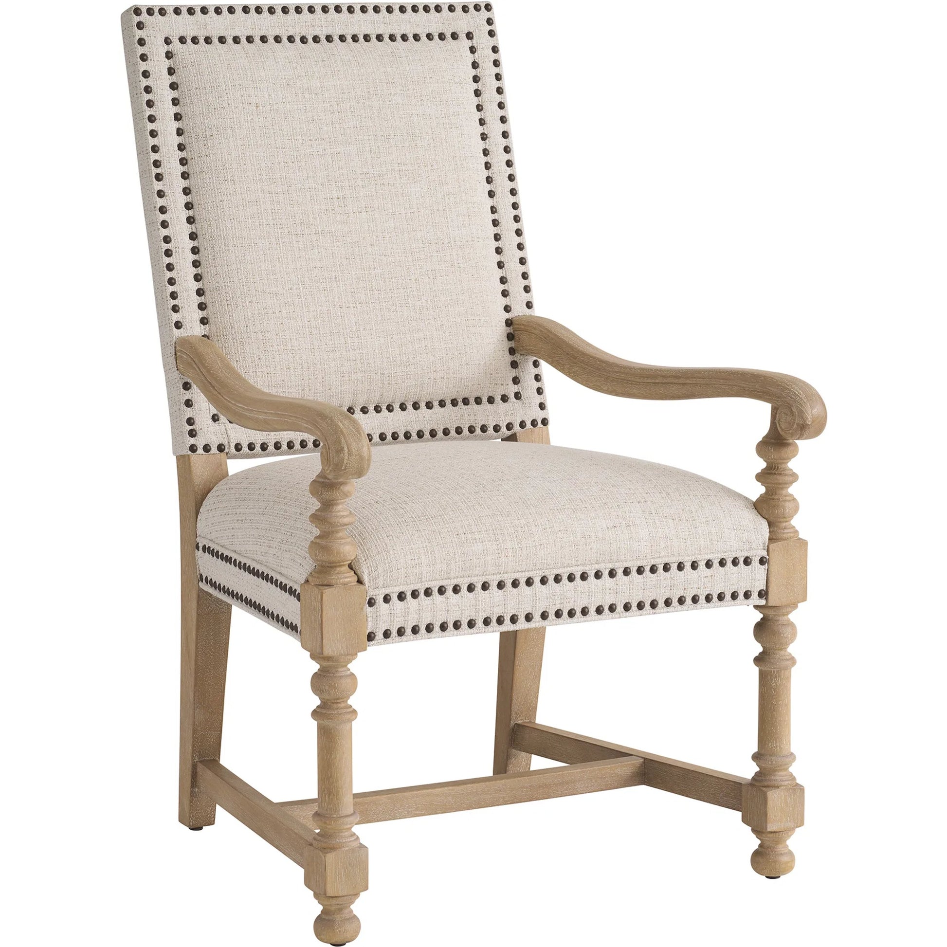 Anderson Upholstered Arm Chair by Barclay Butera in tan. Made from white oak , fabric in a unique style.