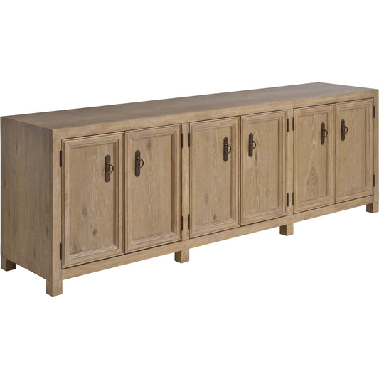 Westbourne Media Console by Barclay Butera in tan. Made from white oak in a unique style.