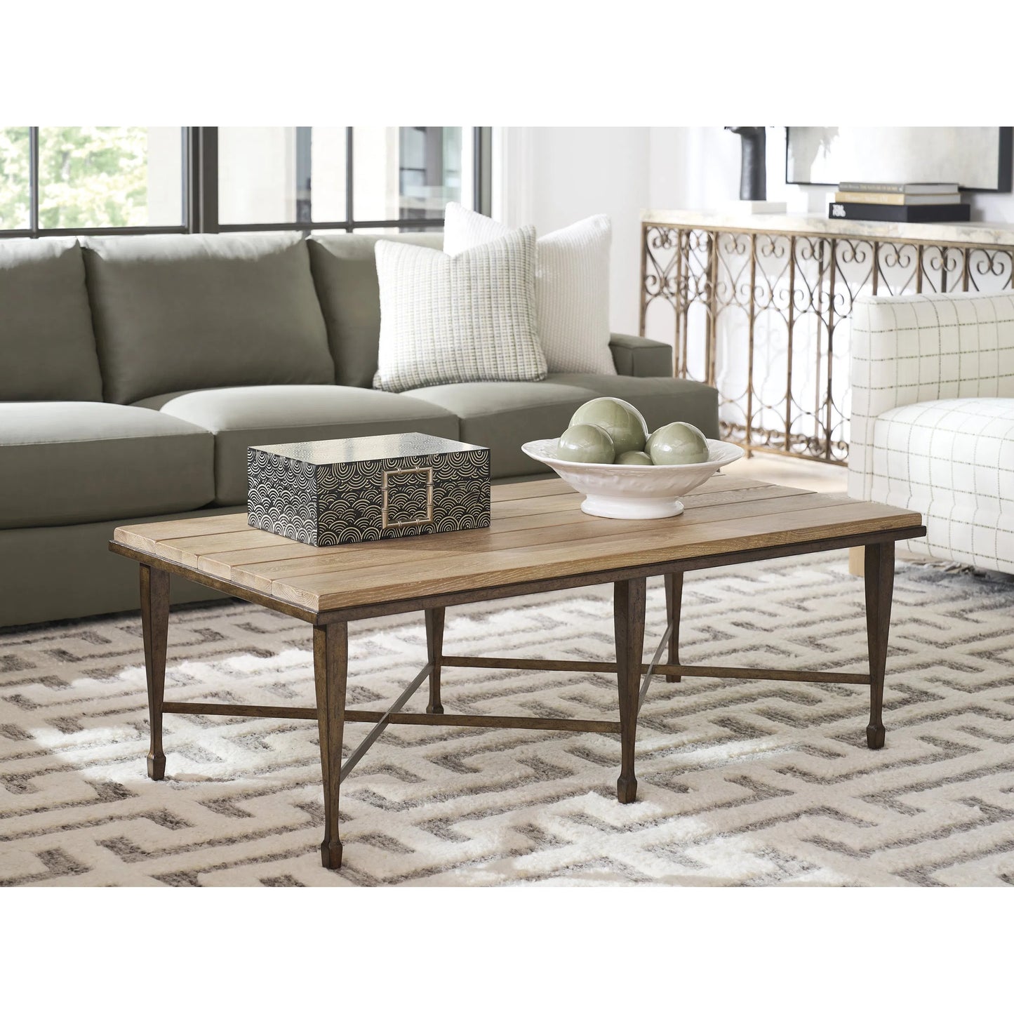 003 SI-2540473 | Lifestyle | Catalonia Rectangular Metal Cocktail Table by Barclay Butera in tan. Made from white oak, metal in a unique style.