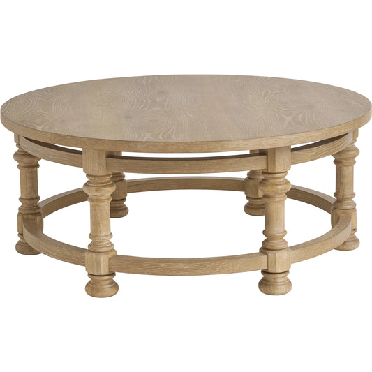 Hollister Round Cocktail Table by Barclay Butera in tan. Made from white oak in a unique style.