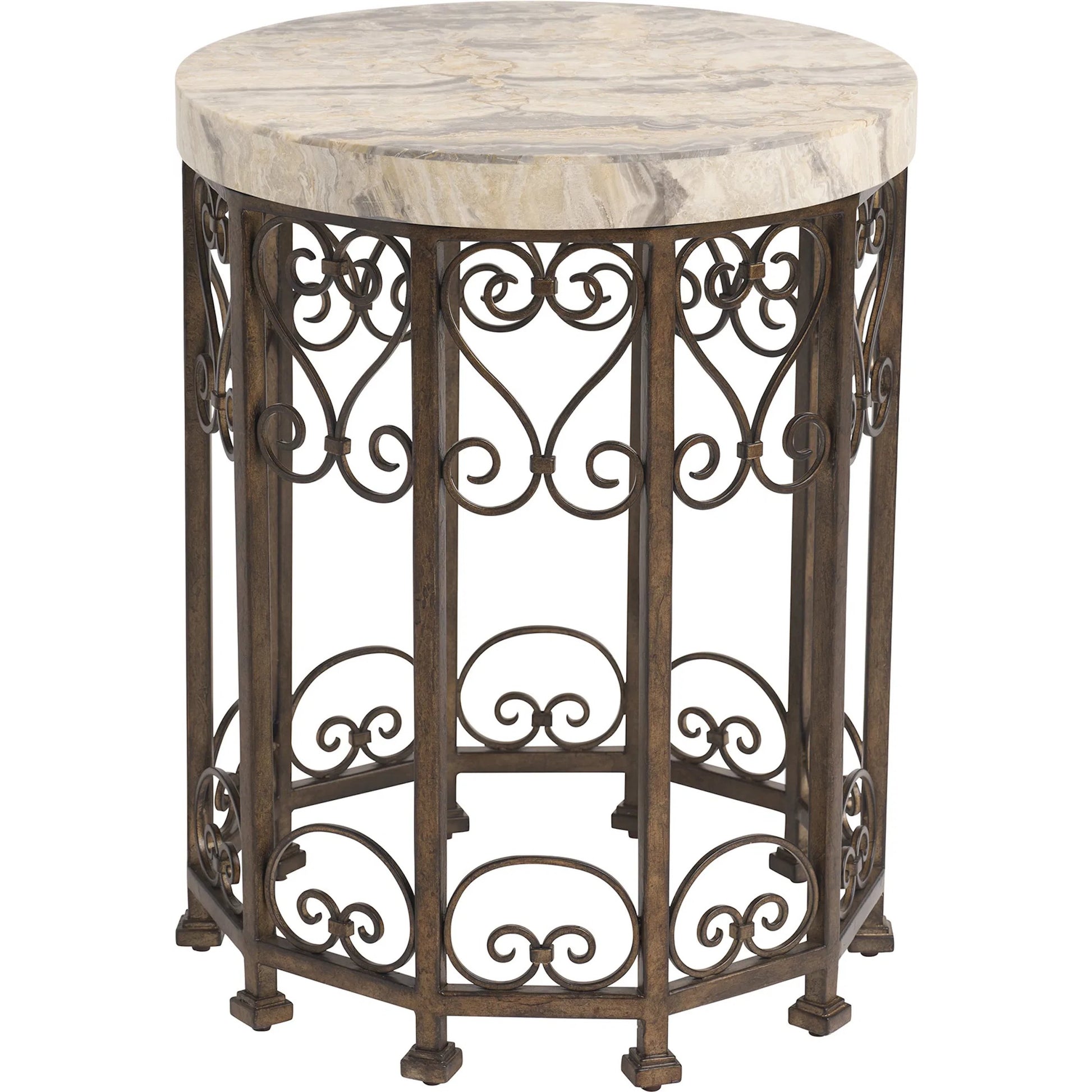Lowery Round Metal Accent Table by Barclay Butera in tan. Made from stone, metal in a unique style.