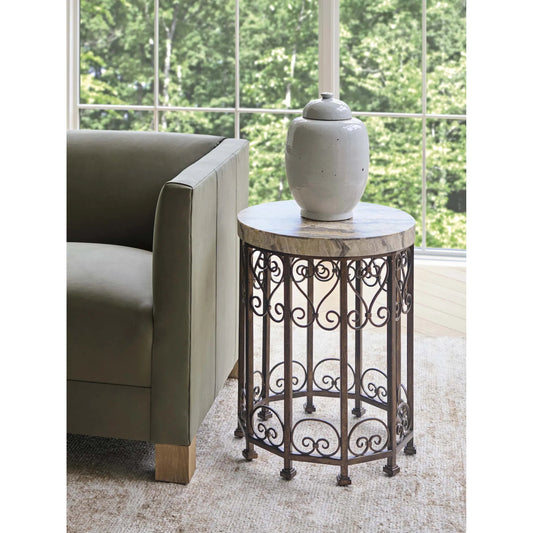 Lowery Round Metal Accent Table by Barclay Butera in tan. Made from stone, metal in a unique style.