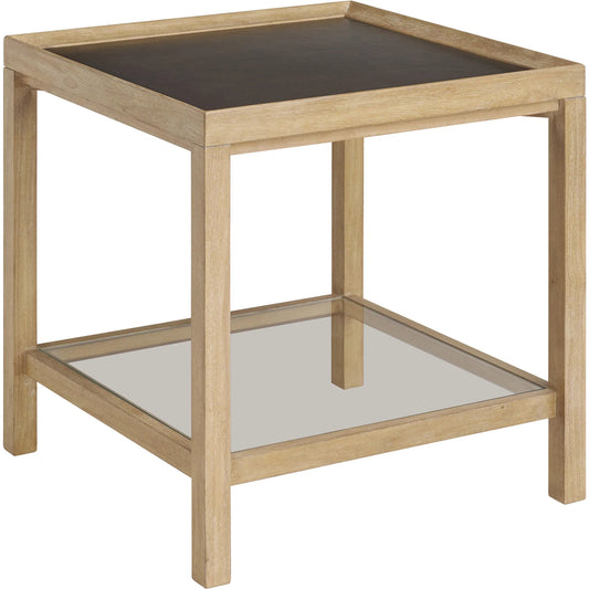Dutton Side Table by Barclay Butera in tan. Made from white oak, leather, glass in a unique style.