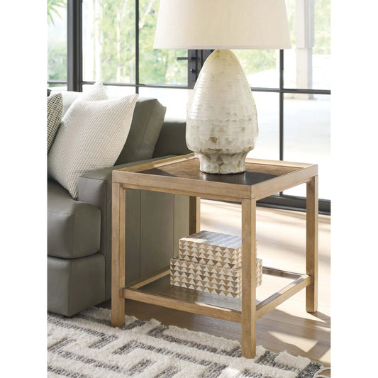 Dutton Side Table by Barclay Butera in tan. Made from white oak, leather, glass in a unique style.