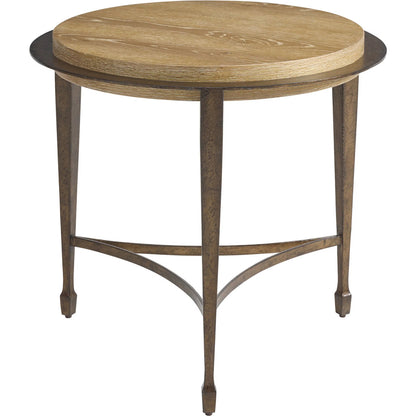 Catalonia Round Side Table by Barclay Butera in tan. Made from white oak, metal in a unique style.