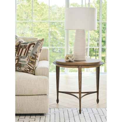 Catalonia Round Side Table by Barclay Butera in tan. Made from white oak, metal in a unique style.