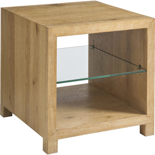 Danielson End Table by Barclay Butera in tan. Made from white oak, glass in a unique style.