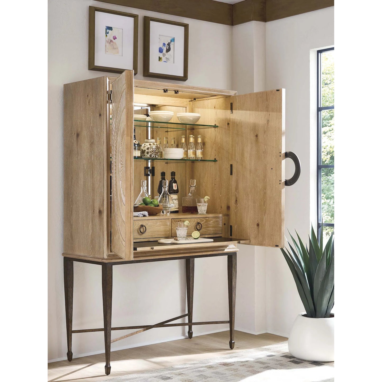 002 SI-2540481 | Lifestyle | Hammond Bar Cabinet by Barclay Butera in tan. Made from white oak, metal in a unique style.