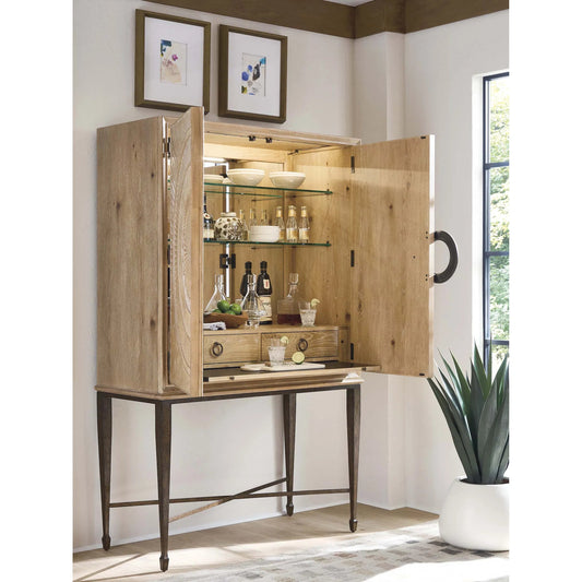 Hammond Bar Cabinet by Barclay Butera in tan. Made from white oak, metal in a unique style.