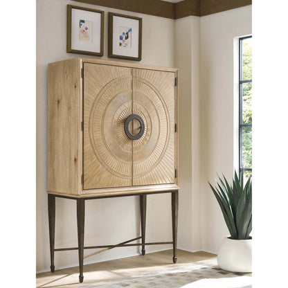 Hammond Bar Cabinet by Barclay Butera in tan. Made from white oak, metal in a unique style.