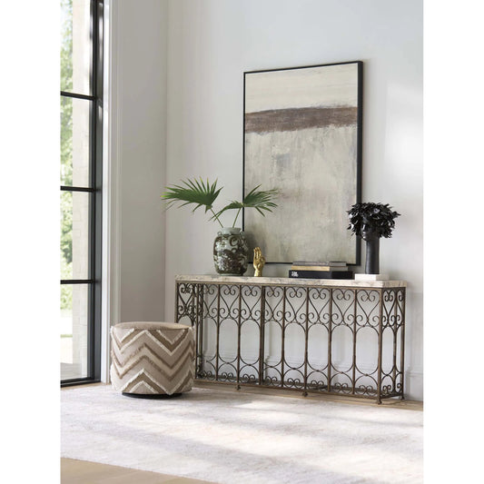 Fletcher Metal Console Table by Barclay Butera in tan. Made from stone, metal in a unique style.