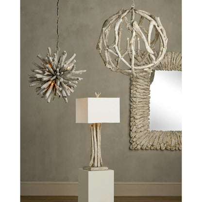 Driftwood Whitewash Orb Chandelier by Currey and Company in whitewashed driftwood. Made from driftwood, wrought iron in a cottage & farmhouse style.