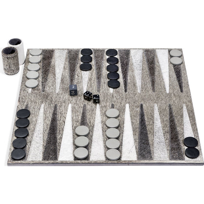 Hampton Backgammon Set by Interlude Home in light, dark hide, cool gray, charcoal leather. Made from hide, leather in a transitional style.