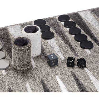 Hampton Backgammon Set by Interlude Home in light, dark hide, cool gray, charcoal leather. Made from hide, leather in a transitional style.