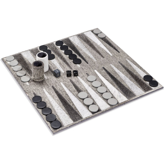 Hampton Backgammon Set by Interlude Home in light, dark hide, cool gray, charcoal leather. Made from hide, leather in a transitional style.