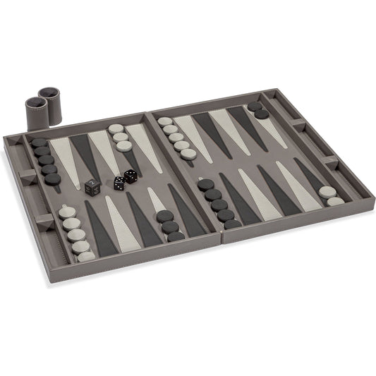 Corbin Backgammon Set by Interlude Home in fossil, cool gray, charcoal. Made from leather in a modern style.