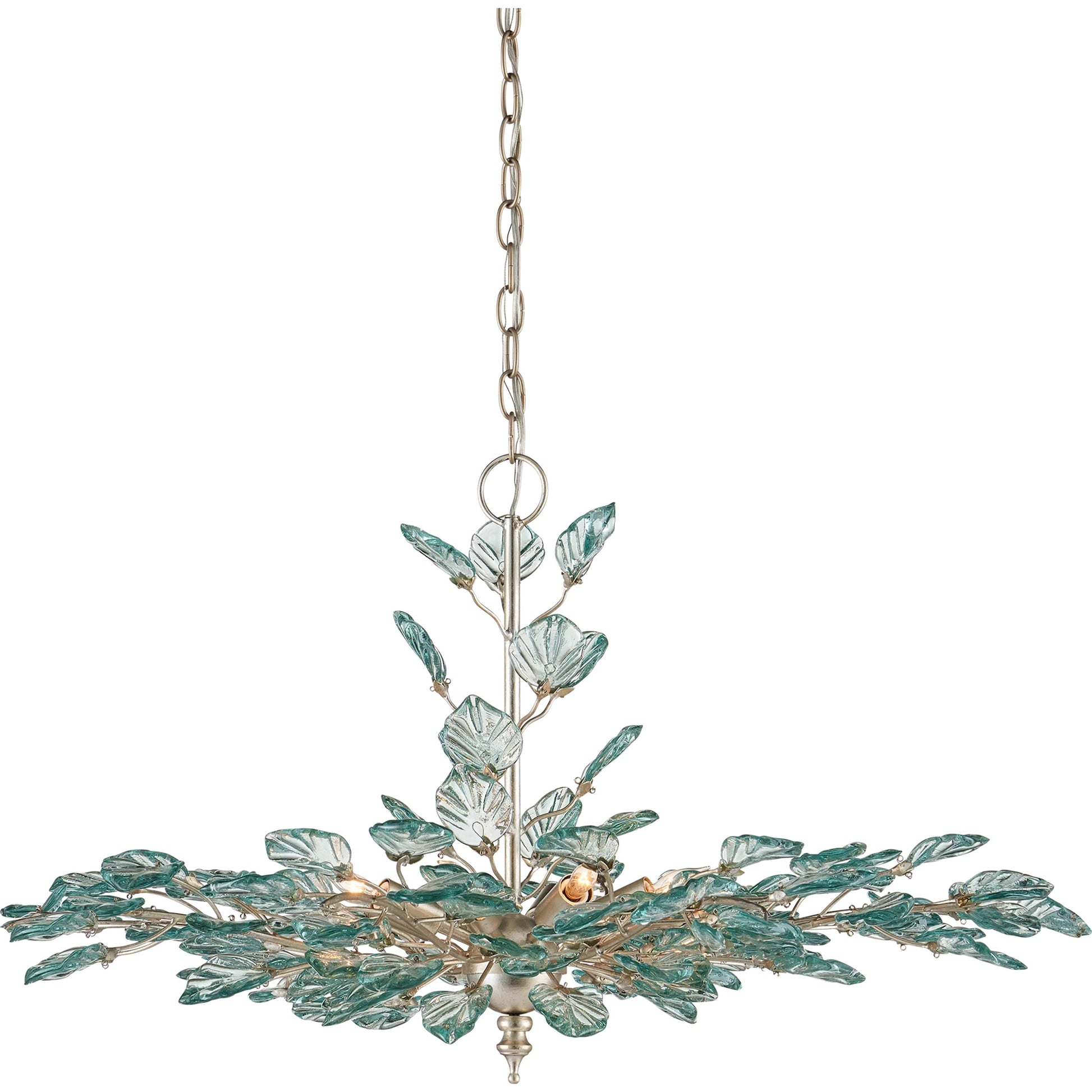 Baobab Chandelier by Currey and Company in clear, contemporary silver leaf. Made from recycled glass, wrought iron in a modern style.
