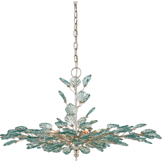 Baobab Chandelier by Currey and Company in clear, contemporary silver leaf. Made from recycled glass, wrought iron in a unique style.