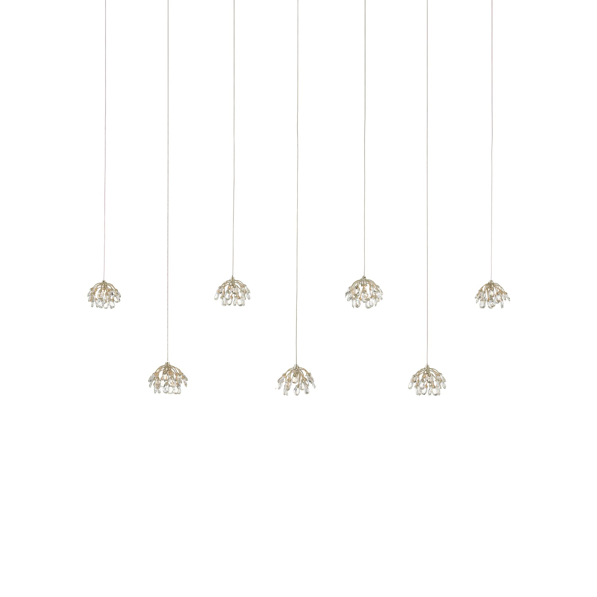 Bud Rectangular 7-LIGHT Multi-Drop Pendant by Currey and Company in crystal, contemporary silver, silver. Made from crystal, contemparary silver, wrought iron in a modern style.