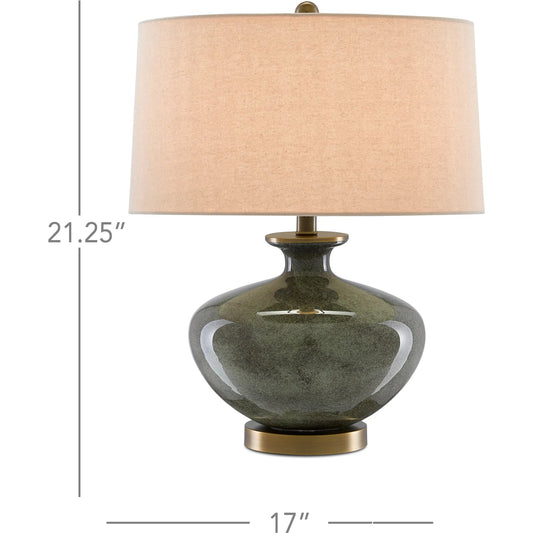 Greenlea Table Lamp by Currey and Company in dark gray, moss green, antique brass. Made from glass, metal in a transitional style.