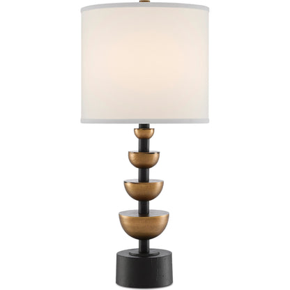 Chastain Table Lamp by Currey and Company in antique brass, black. Made from cast aluminum in a transitional style.