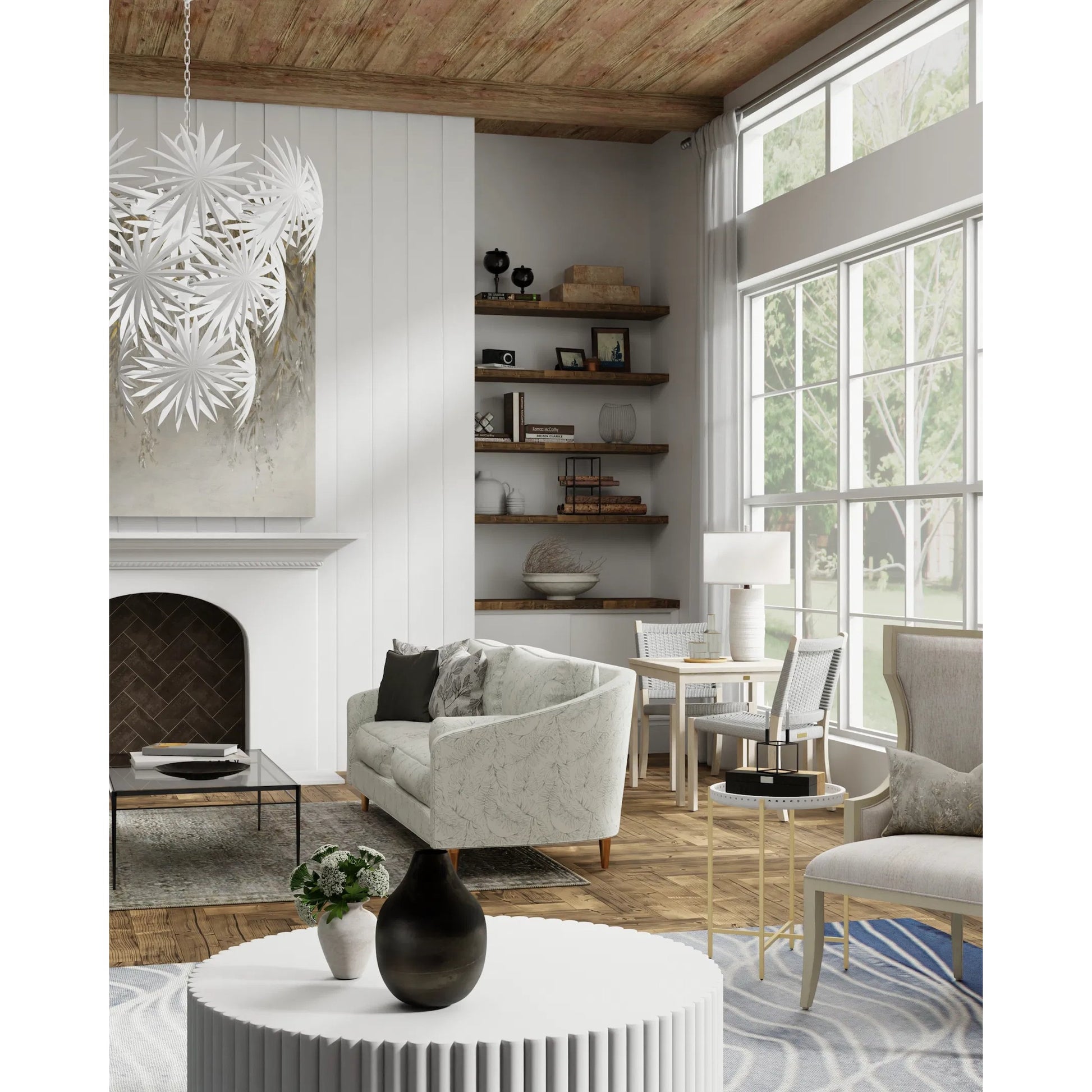 Bismarkia Chandelier by Currey and Company in gesso white. Made from wrought iron in a modern style.