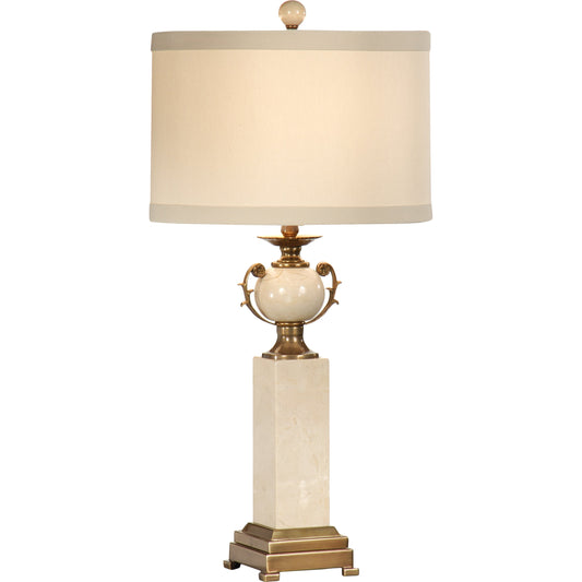 Column Urn Lamp by Wildwood in white, gold. Made from stone in a traditional style.
