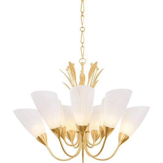 Forest Glen Chandelier by Hudson Valley in vintage gold leaf. Made from unique in a modern style.