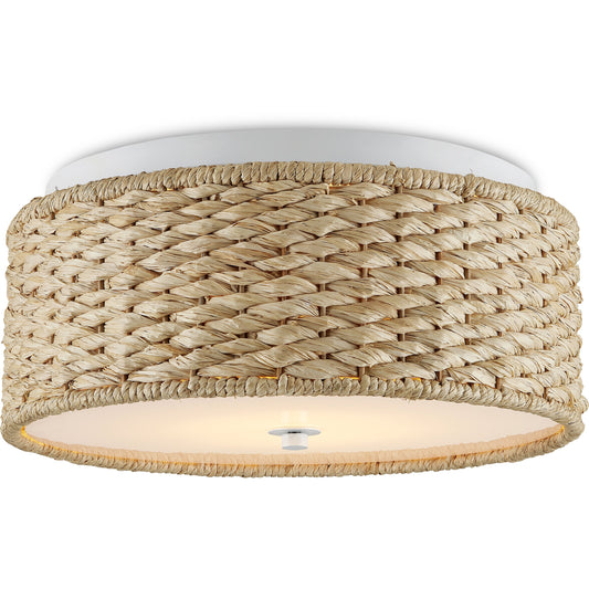 Colchester Flush Mount by Currey and Company in sugar white, natural. Made from wrought iron, raffia, acrylic diffuser in a cottage & farmhouse style.