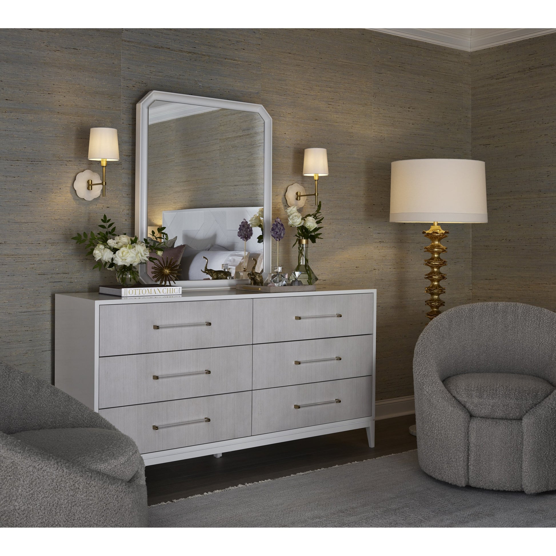 Brentwood Dresser by Miranda Kerr Home in gold and white lacquer. Made from unique in a transitional style.