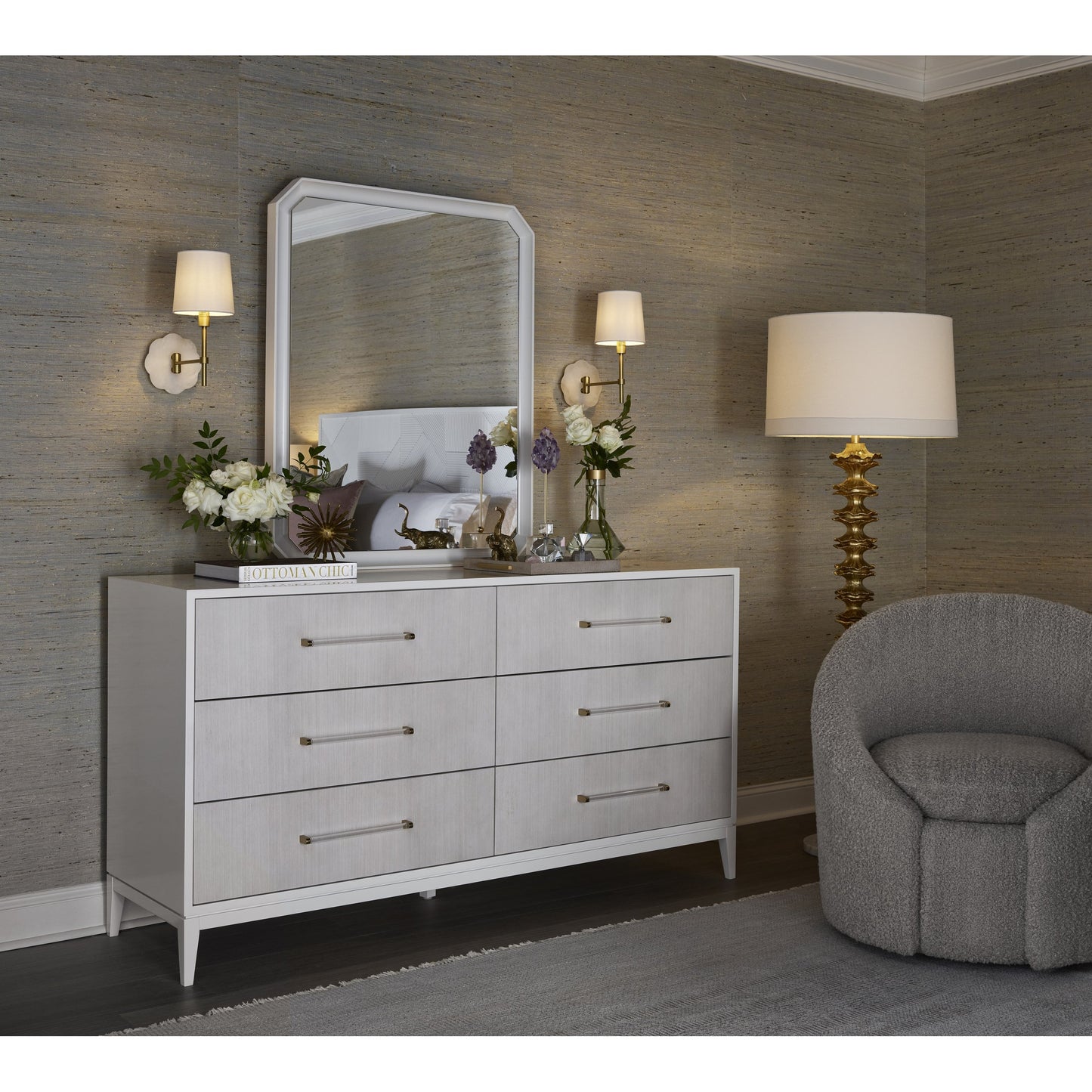006 SR-909193 | Lifestyle | Brentwood Dresser by Miranda Kerr Home in gold and white lacquer. Made from unique in a transitional style.